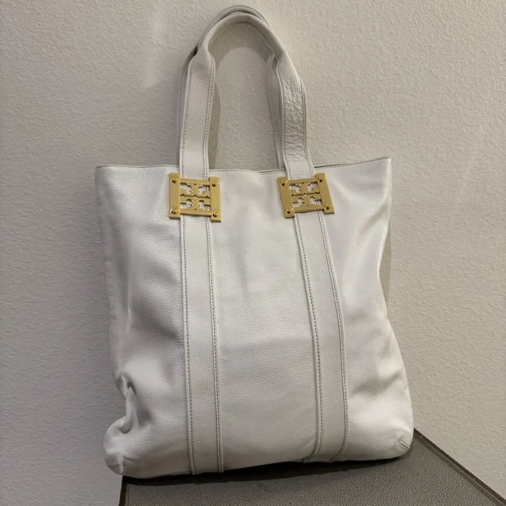 Tory Burch Gareth White Pebbled Leather Bucket Shoulder Tote Bag Gold Hardware
